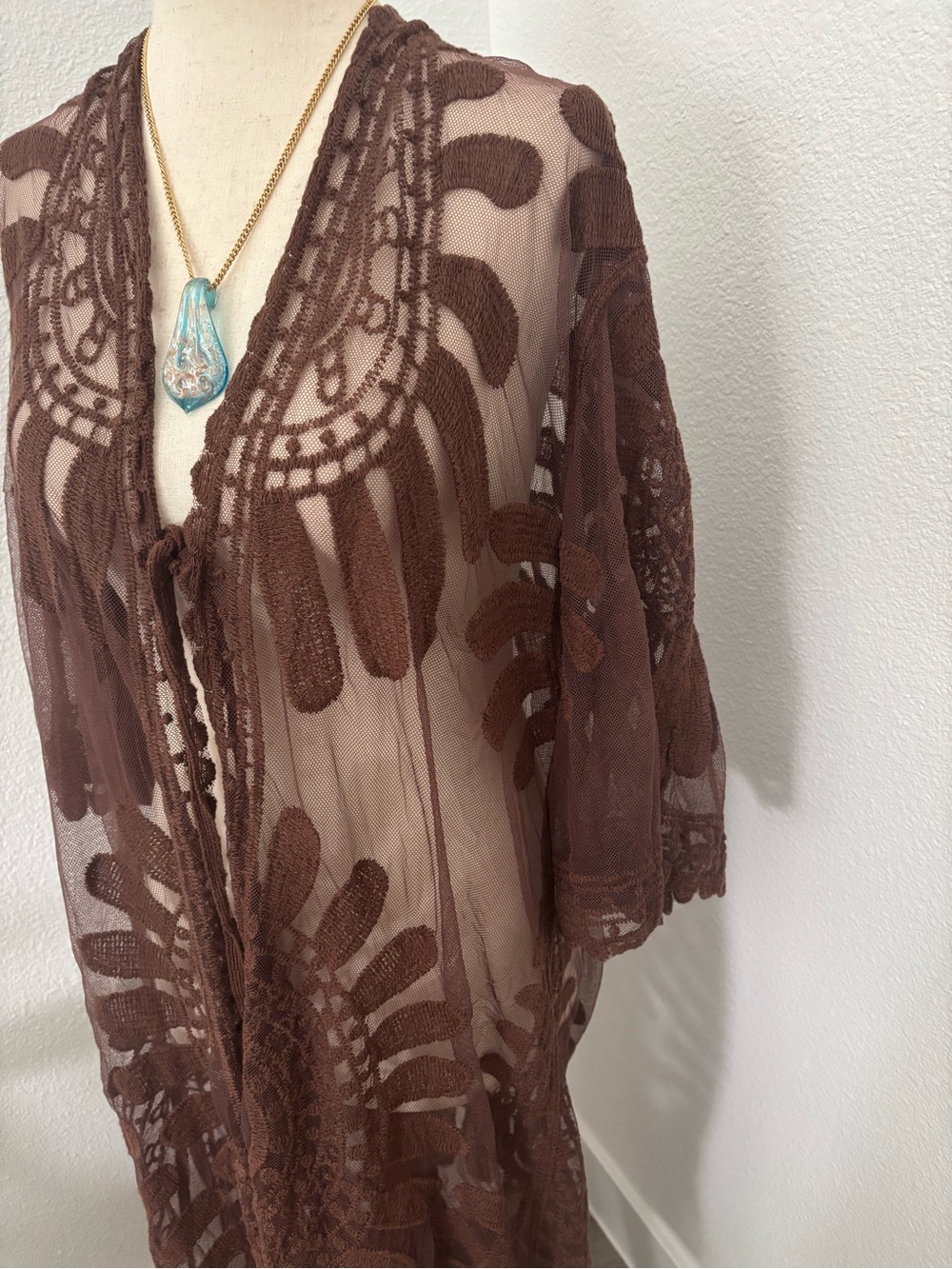 Swimsuit Beach Cover Up Crochet Look Lace Brown Final Sale OS Ships Quickly - Picture 5 of 8